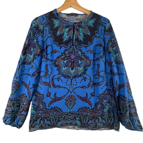 Kobi Halperin 100% Silk Womens SIZE SMALL Blue L/S Keyhole Crew-Neck Blouse Top - Picture 2 of 11
